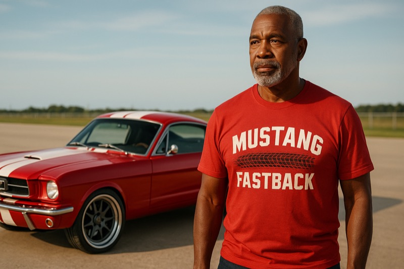 Man standing in front of ford mustang